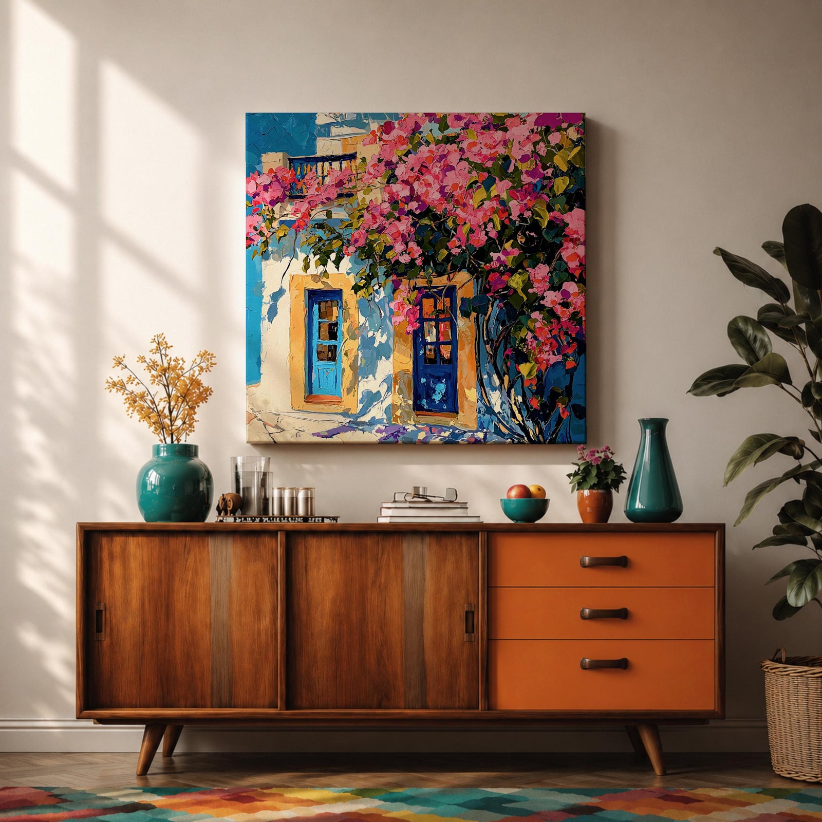 Santorini Bougainvillea Wall Art Greek Island Framed Canvas Mediterranean Impasto Landscape Coastal Home Decor