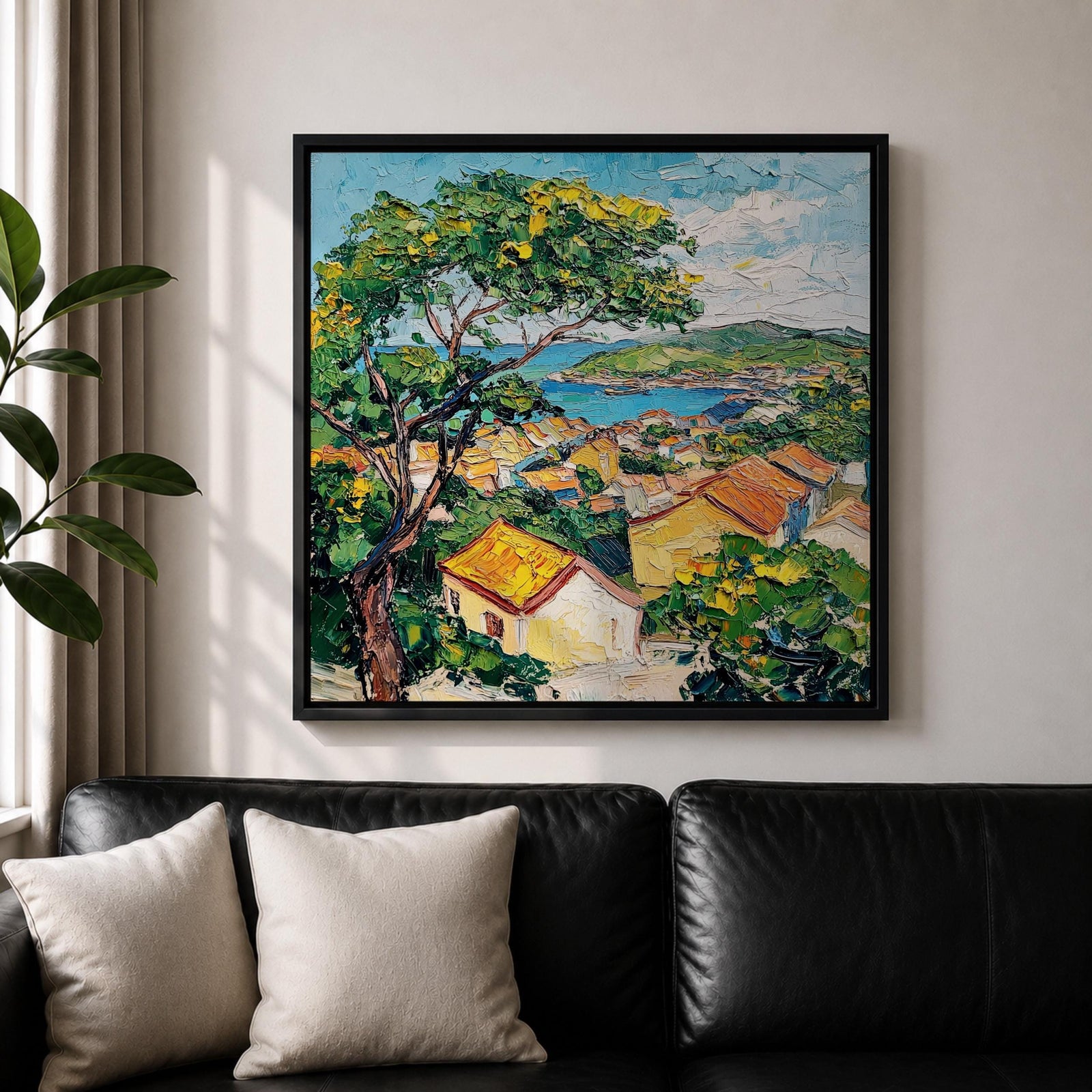 Mediterranean Village Wall Art Seaside Town Framed Canvas Coastal Landscape Impasto Rustic Home Decor