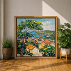 Mediterranean Village Wall Art Seaside Town Framed Canvas Coastal Landscape Impasto Rustic Home Decor