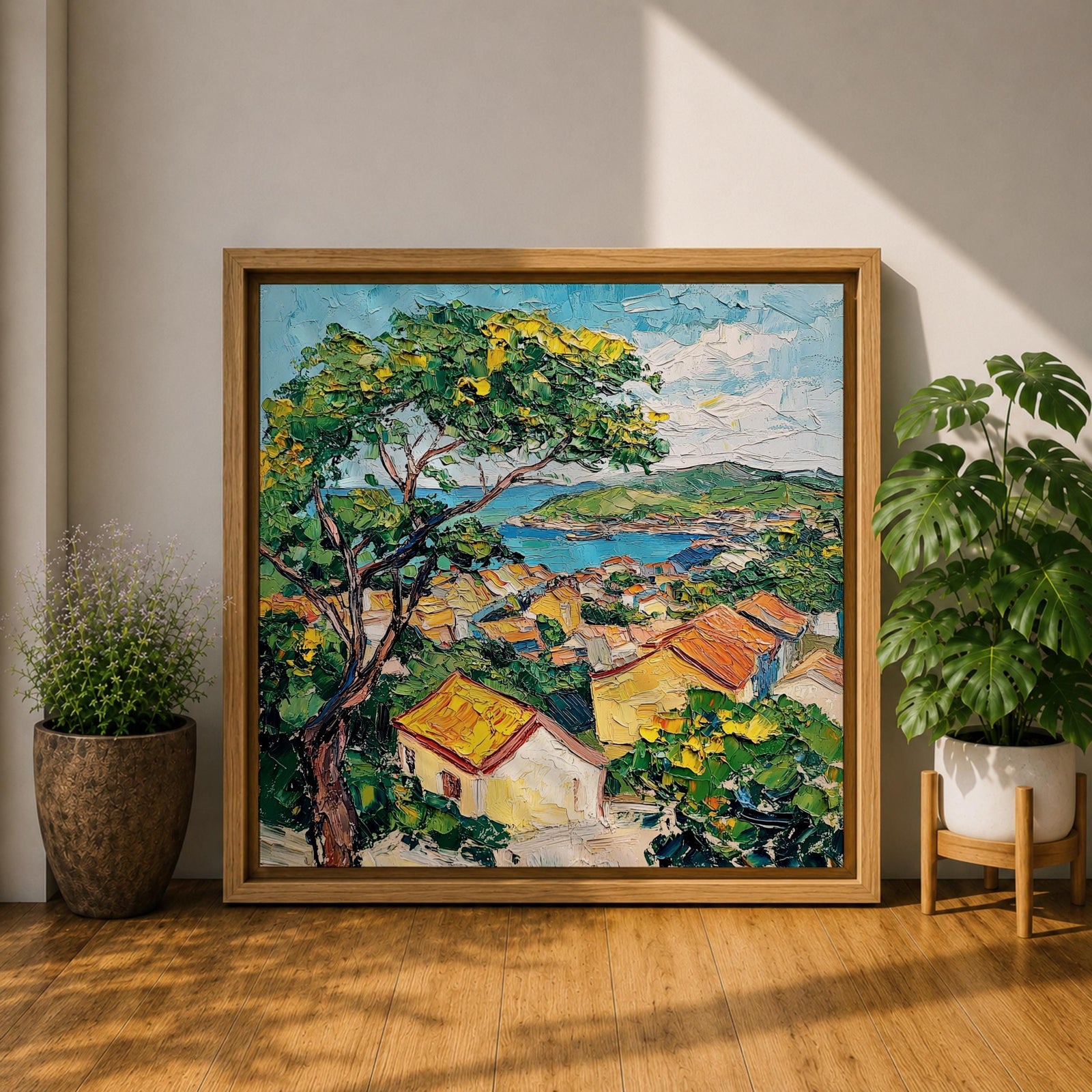 Mediterranean Village Wall Art Seaside Town Framed Canvas Coastal Landscape Impasto Rustic Home Decor