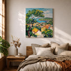 Mediterranean Village Wall Art Seaside Town Framed Canvas Coastal Landscape Impasto Rustic Home Decor