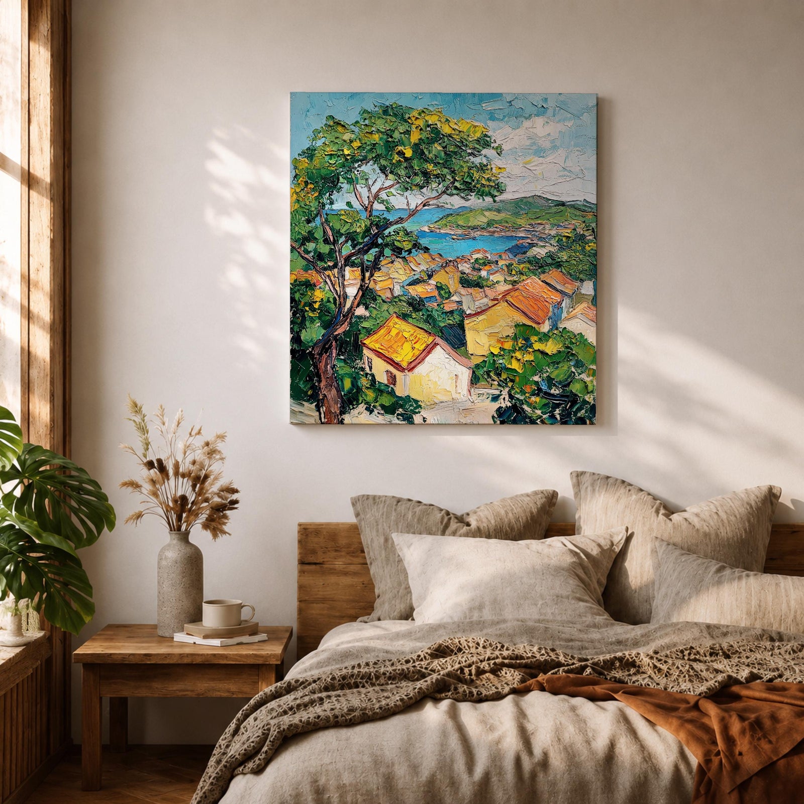Mediterranean Village Wall Art Seaside Town Framed Canvas Coastal Landscape Impasto Rustic Home Decor