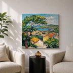 Mediterranean Village Wall Art Seaside Town Framed Canvas Coastal Landscape Impasto Rustic Home Decor