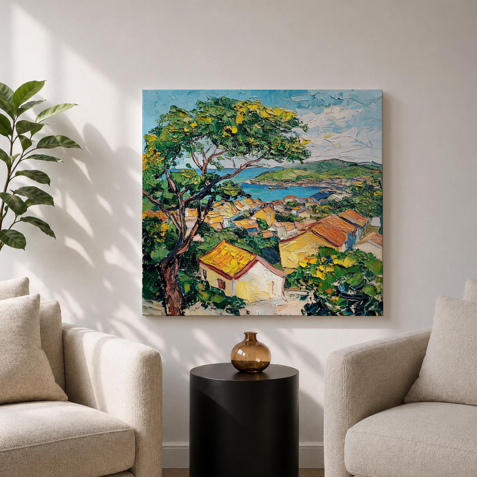 Mediterranean Village Wall Art Seaside Town Framed Canvas Coastal Landscape Impasto Rustic Home Decor