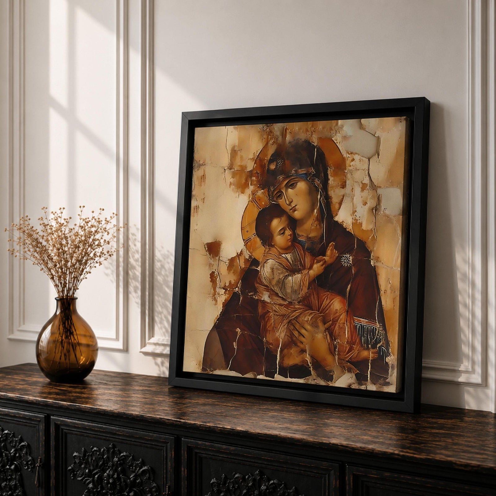 Virgin Mary Wall Art Theotokos Framed Canvas Antique Byzantine Rustic Home Decor