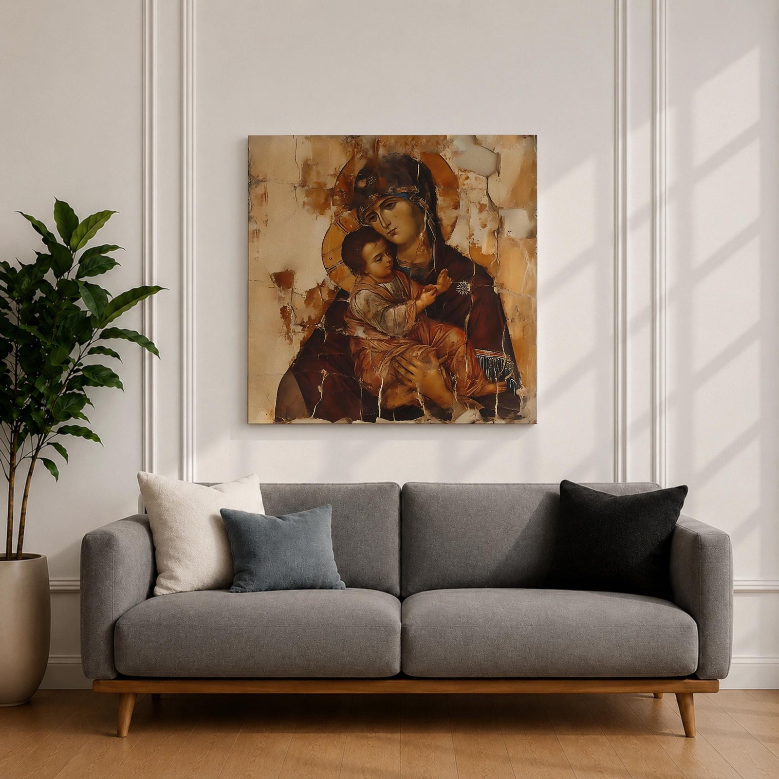 Virgin Mary Wall Art Theotokos Framed Canvas Antique Byzantine Rustic Home Decor