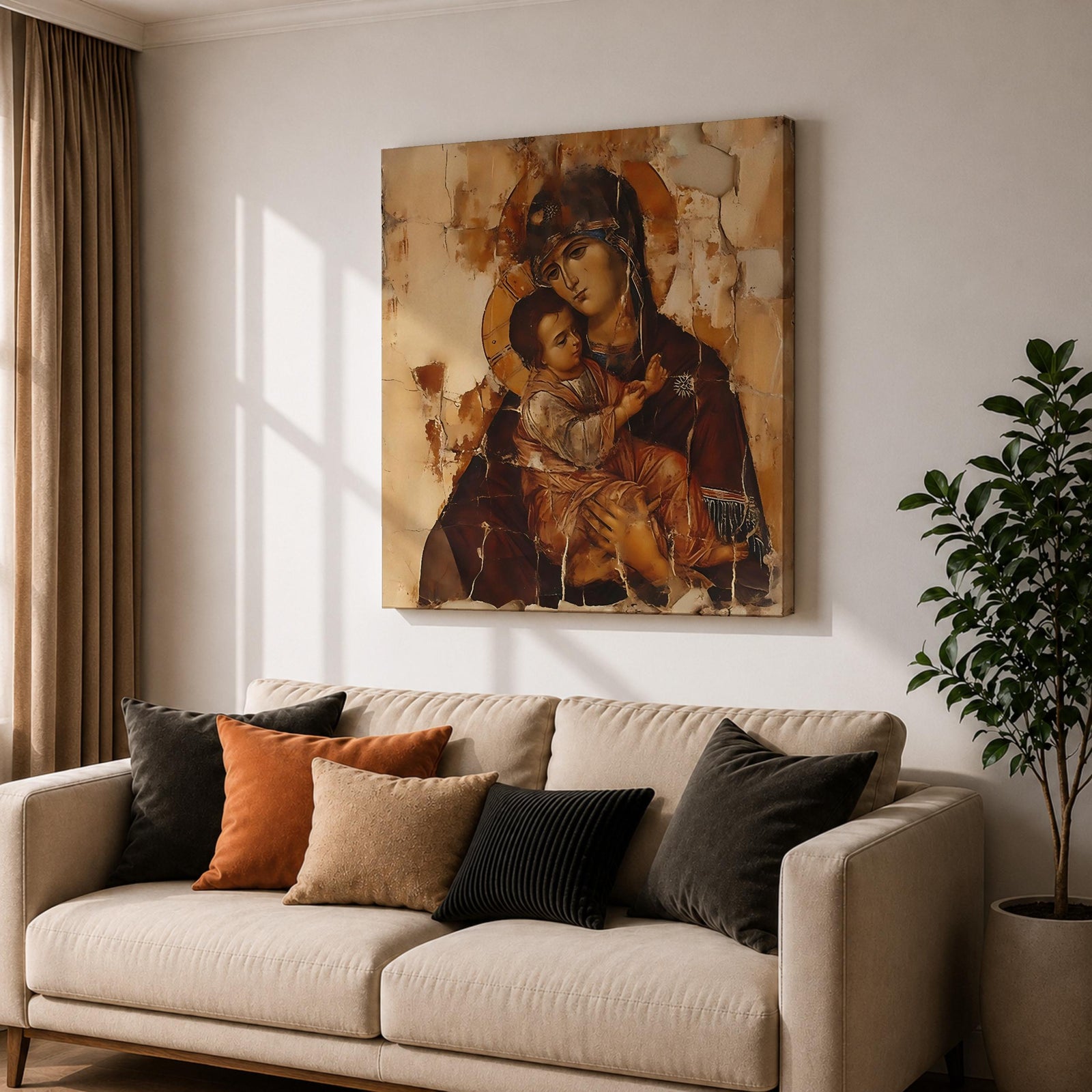 Virgin Mary Wall Art Theotokos Framed Canvas Antique Byzantine Rustic Home Decor