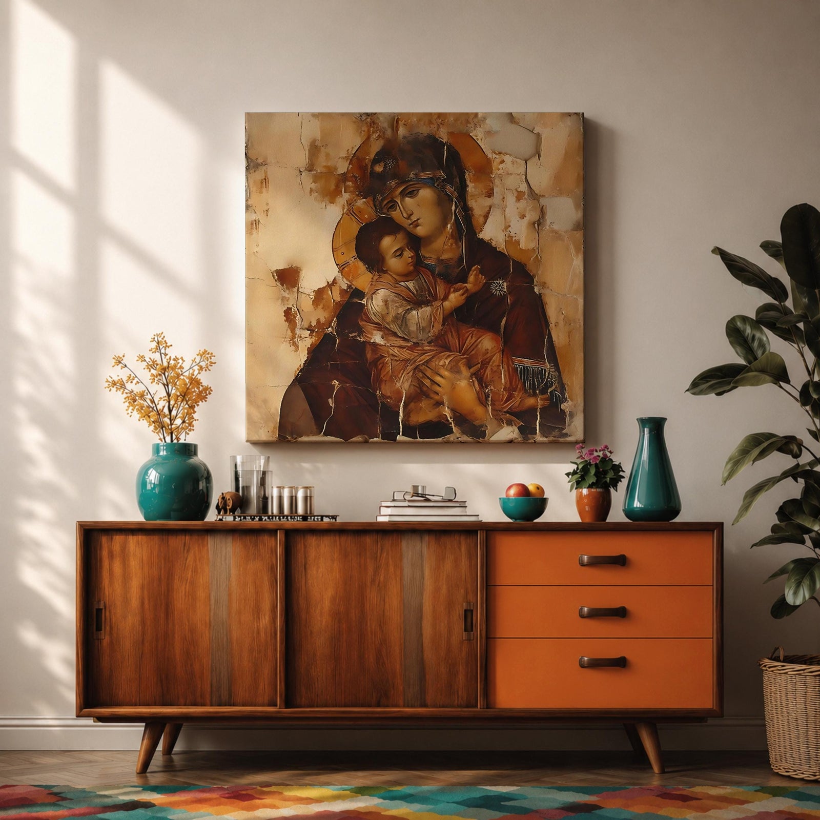 Virgin Mary Wall Art Theotokos Framed Canvas Antique Byzantine Rustic Home Decor