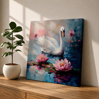 Swan Wall Art Waterfowl Framed Canvas Lotus Pond Landscape Impasto Serene Home Decor