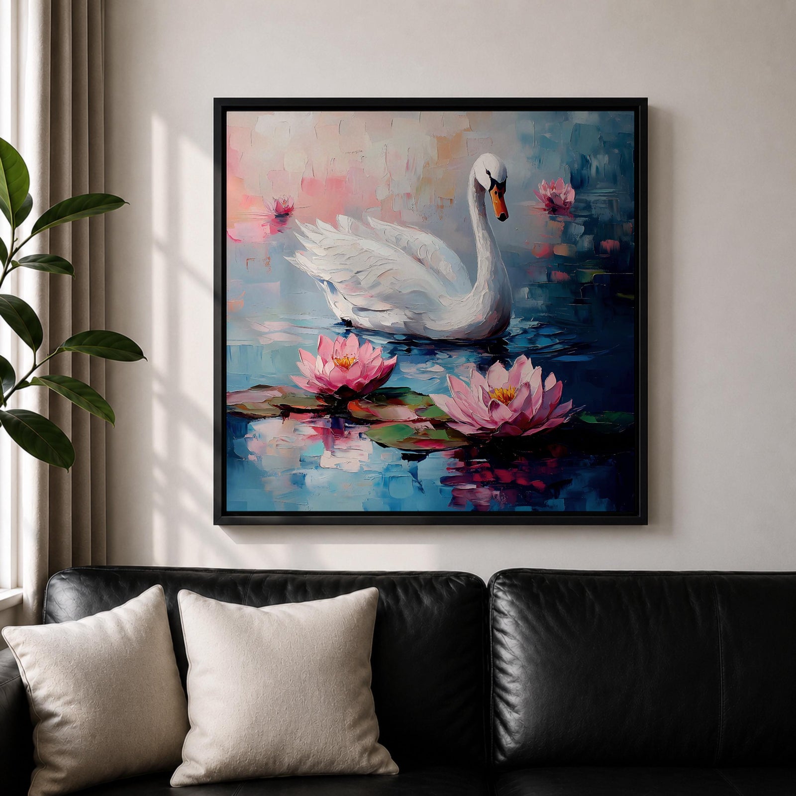 Swan Wall Art Waterfowl Framed Canvas Lotus Pond Landscape Impasto Serene Home Decor