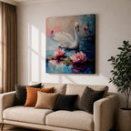 Swan Wall Art Waterfowl Framed Canvas Lotus Pond Landscape Impasto Serene Home Decor