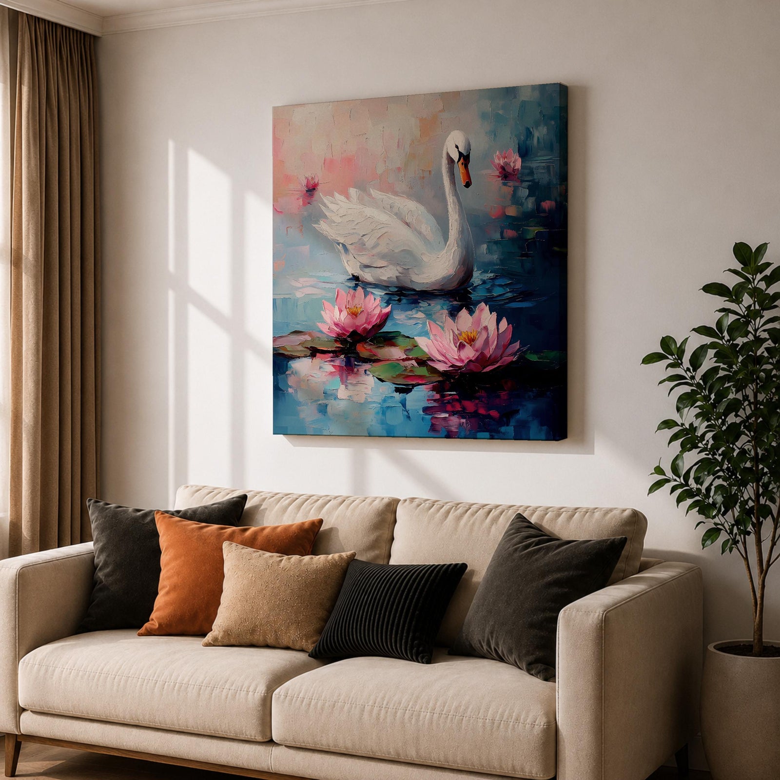 Swan Wall Art Waterfowl Framed Canvas Lotus Pond Landscape Impasto Serene Home Decor