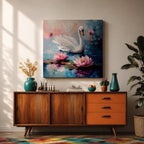 Swan Wall Art Waterfowl Framed Canvas Lotus Pond Landscape Impasto Serene Home Decor