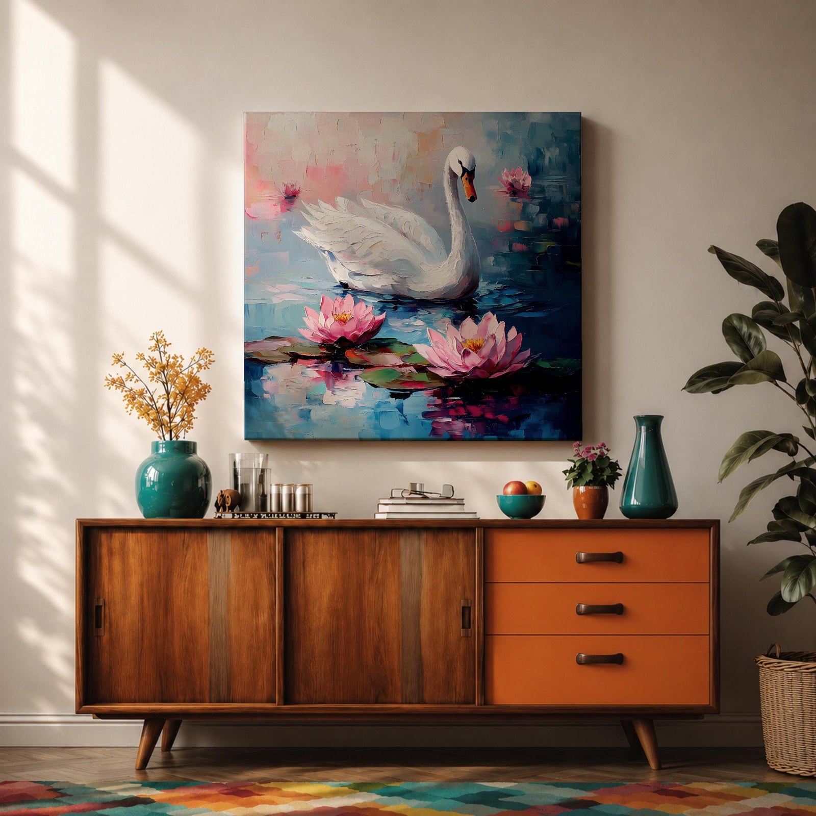 Swan Wall Art Waterfowl Framed Canvas Lotus Pond Landscape Impasto Serene Home Decor