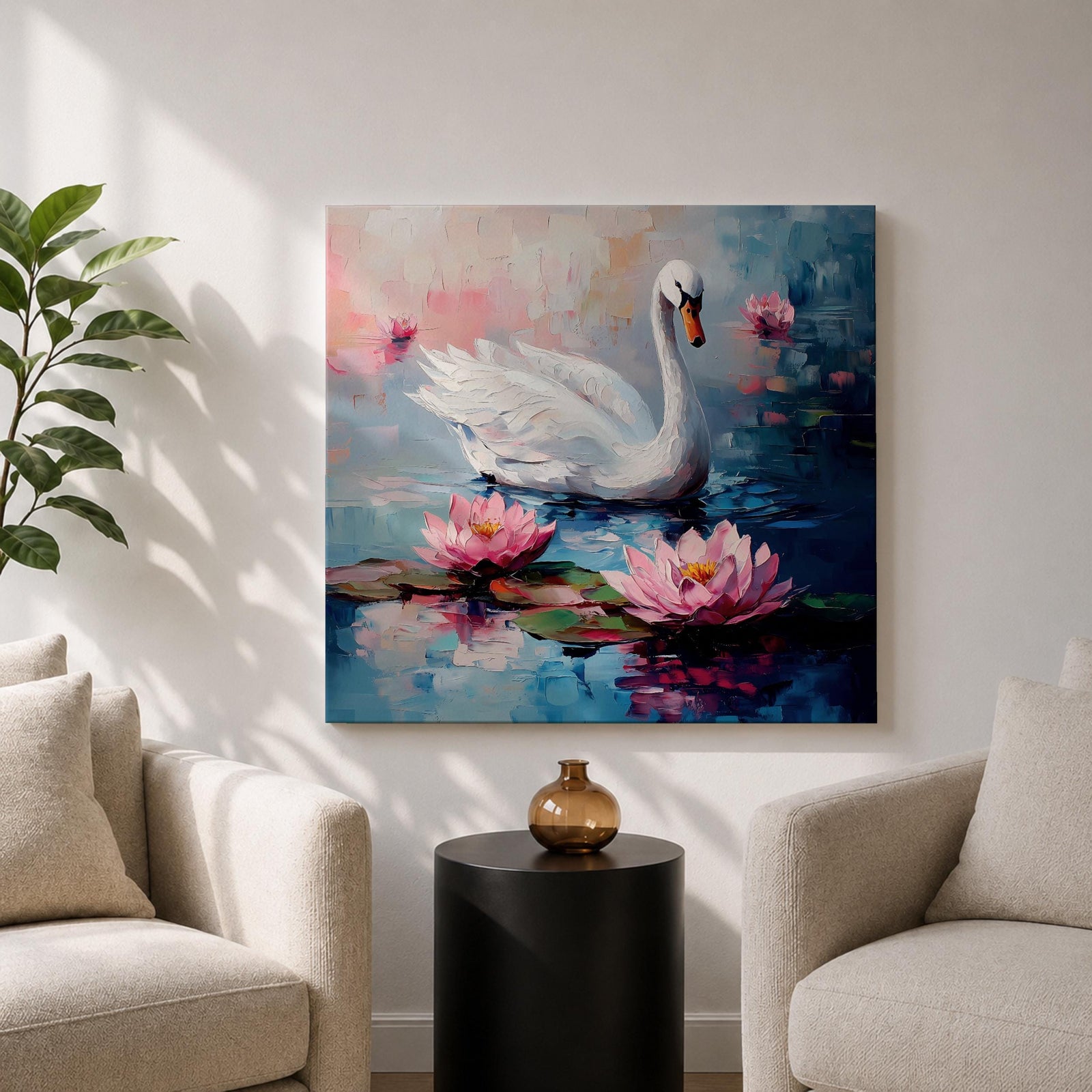 Swan Wall Art Waterfowl Framed Canvas Lotus Pond Landscape Impasto Serene Home Decor