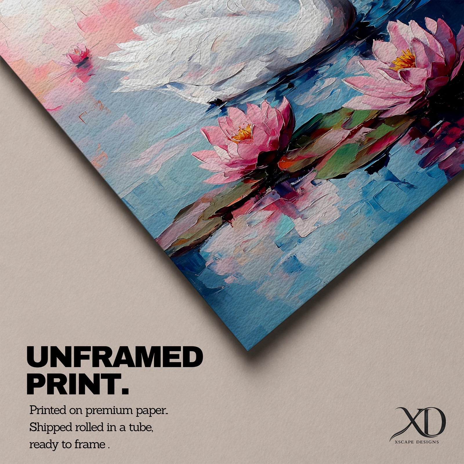 Swan Wall Art Waterfowl Framed Canvas Lotus Pond Landscape Impasto Serene Home Decor