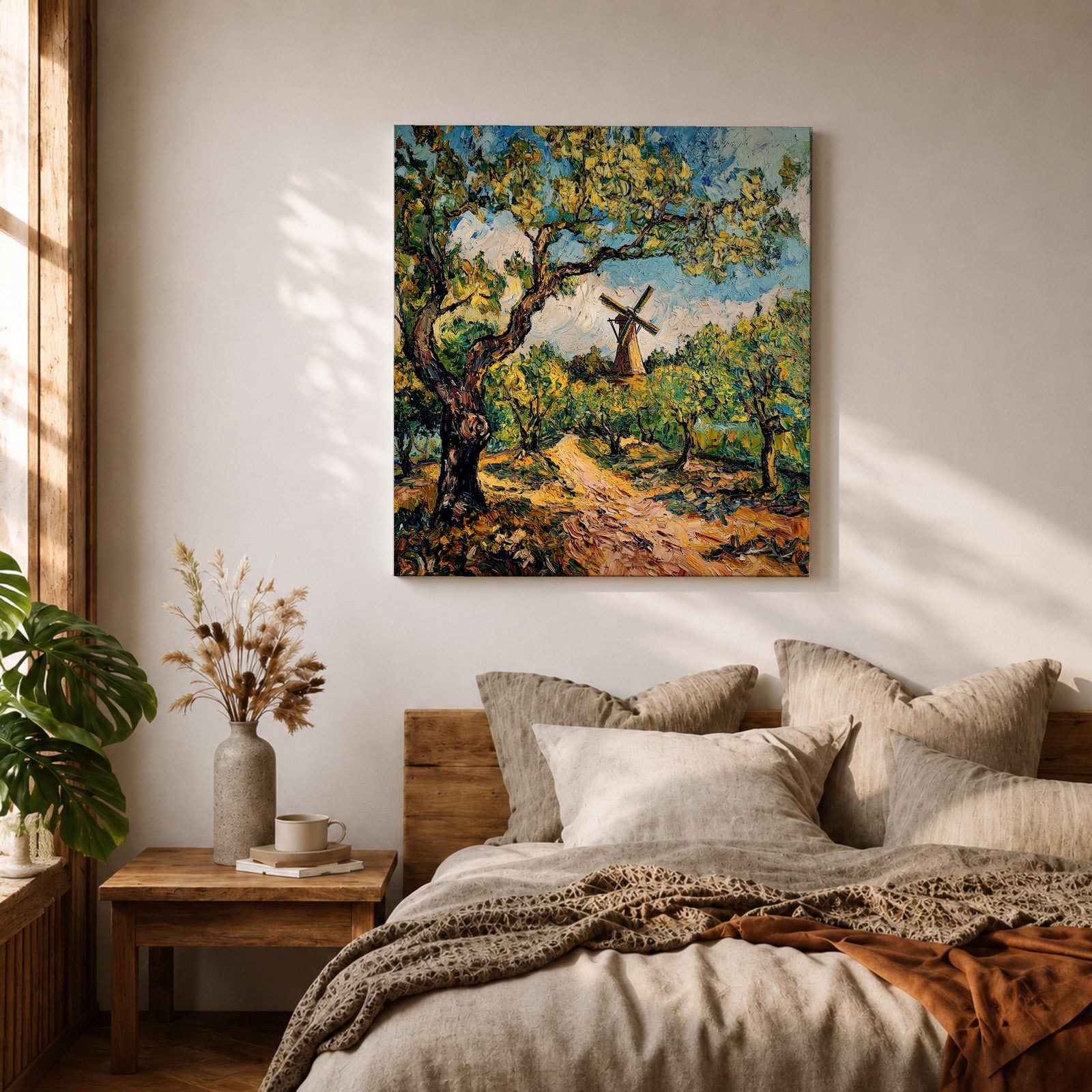 Windmill Wall Art Countryside Landscape Framed Canvas Rustic Impasto Farmhouse Home Decor