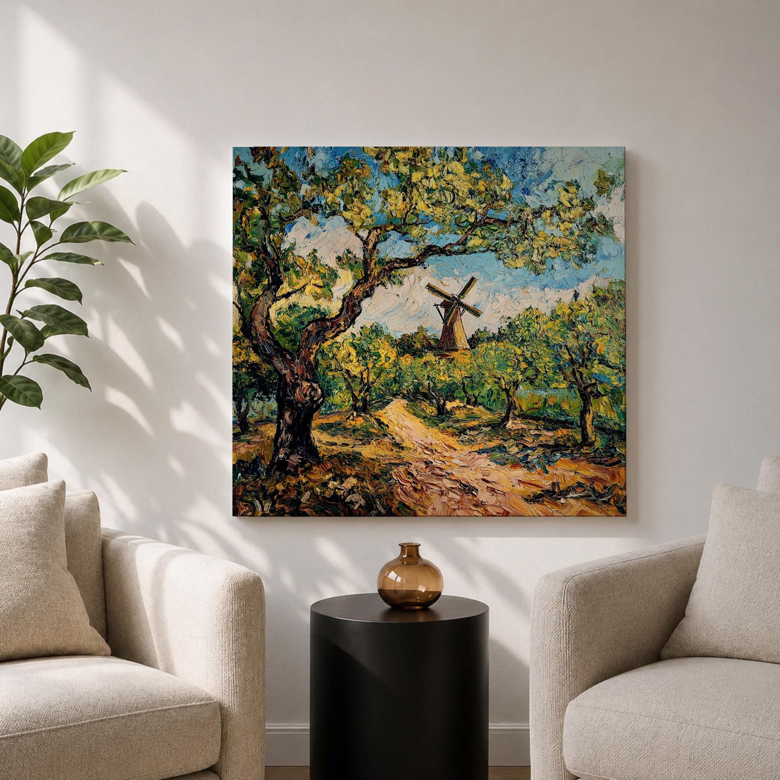 Windmill Wall Art Countryside Landscape Framed Canvas Rustic Impasto Farmhouse Home Decor