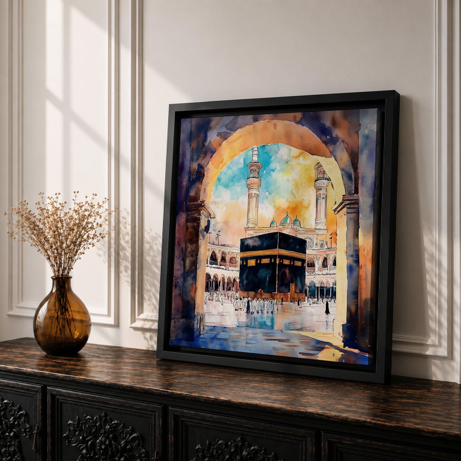 Kaaba Wall Art Masjid al Haram Framed Canvas Mecca Watercolor Islamic Home Decor