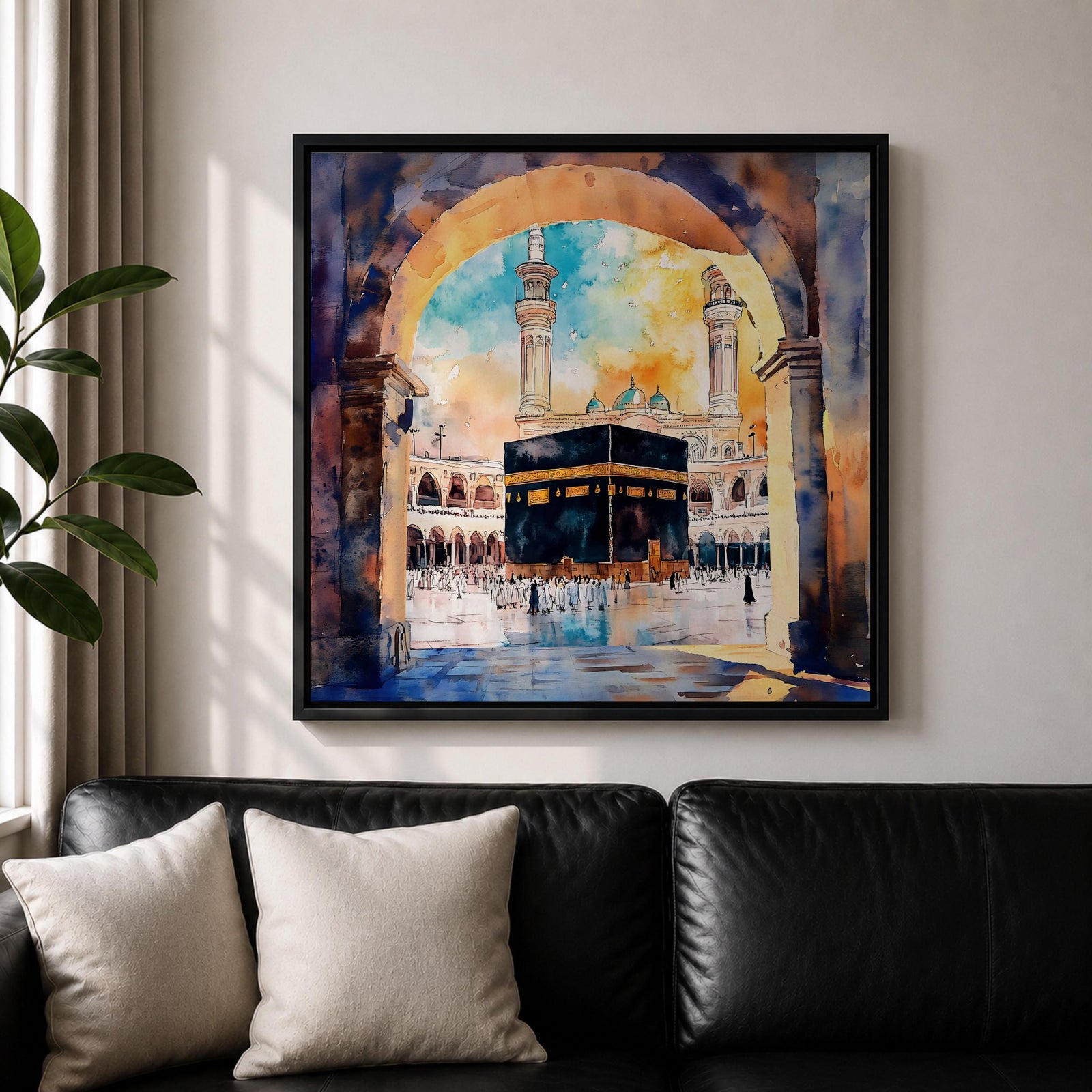 Kaaba Wall Art Masjid al Haram Framed Canvas Mecca Watercolor Islamic Home Decor