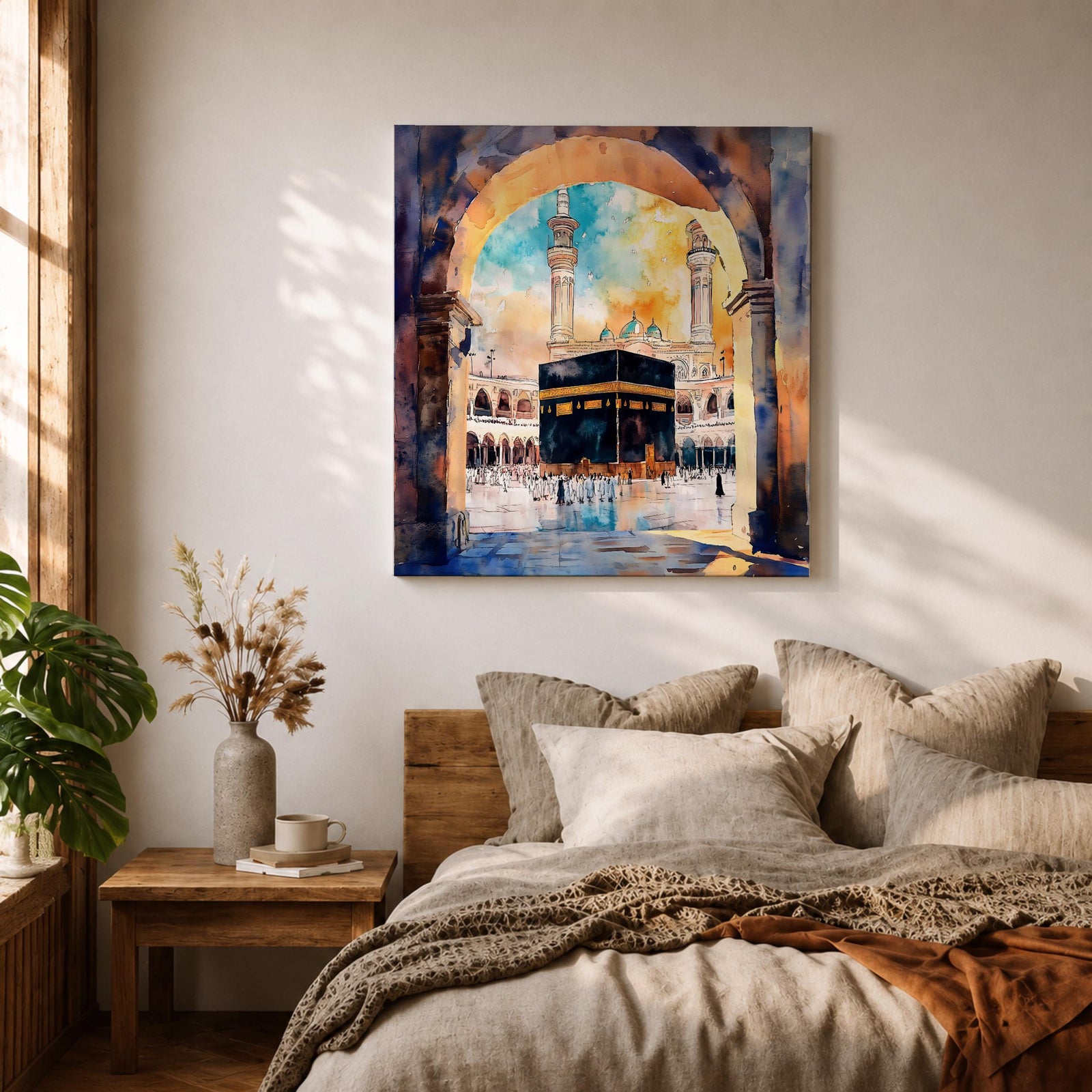 Kaaba Wall Art Masjid al Haram Framed Canvas Mecca Watercolor Islamic Home Decor