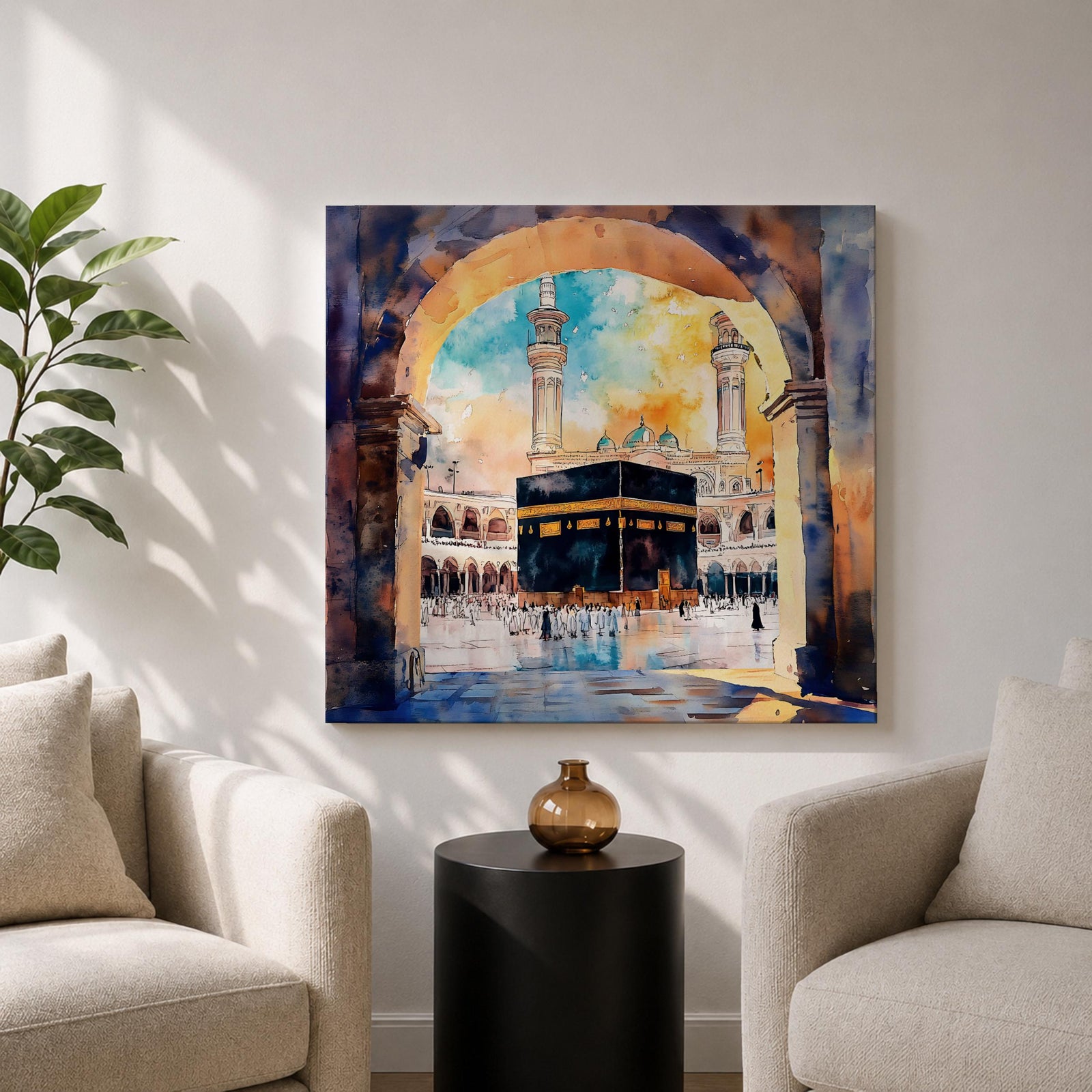 Kaaba Wall Art Masjid al Haram Framed Canvas Mecca Watercolor Islamic Home Decor