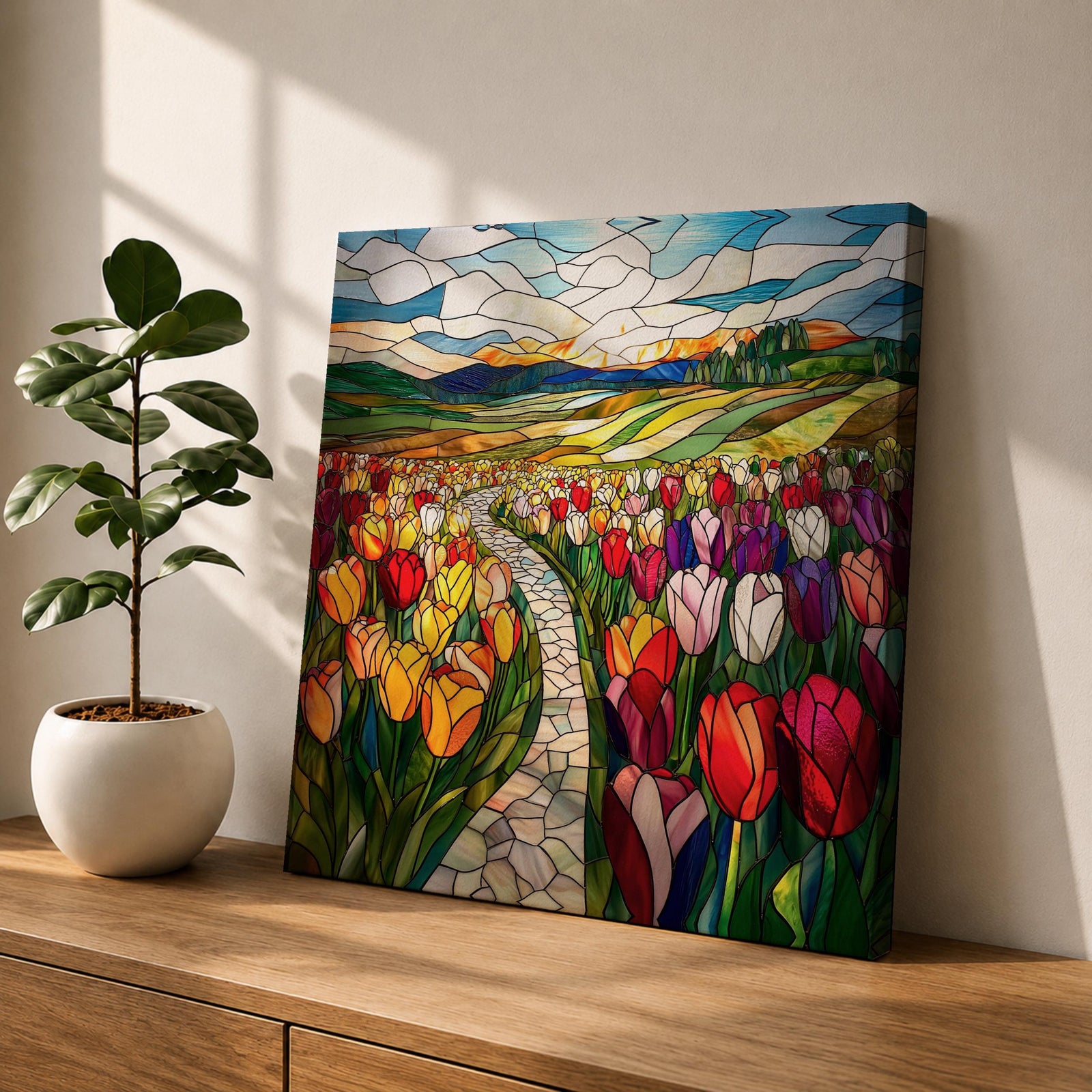 Tulip Field Wall Art Flower Garden Framed Canvas Stained Glass Landscape Botanical Home Decor