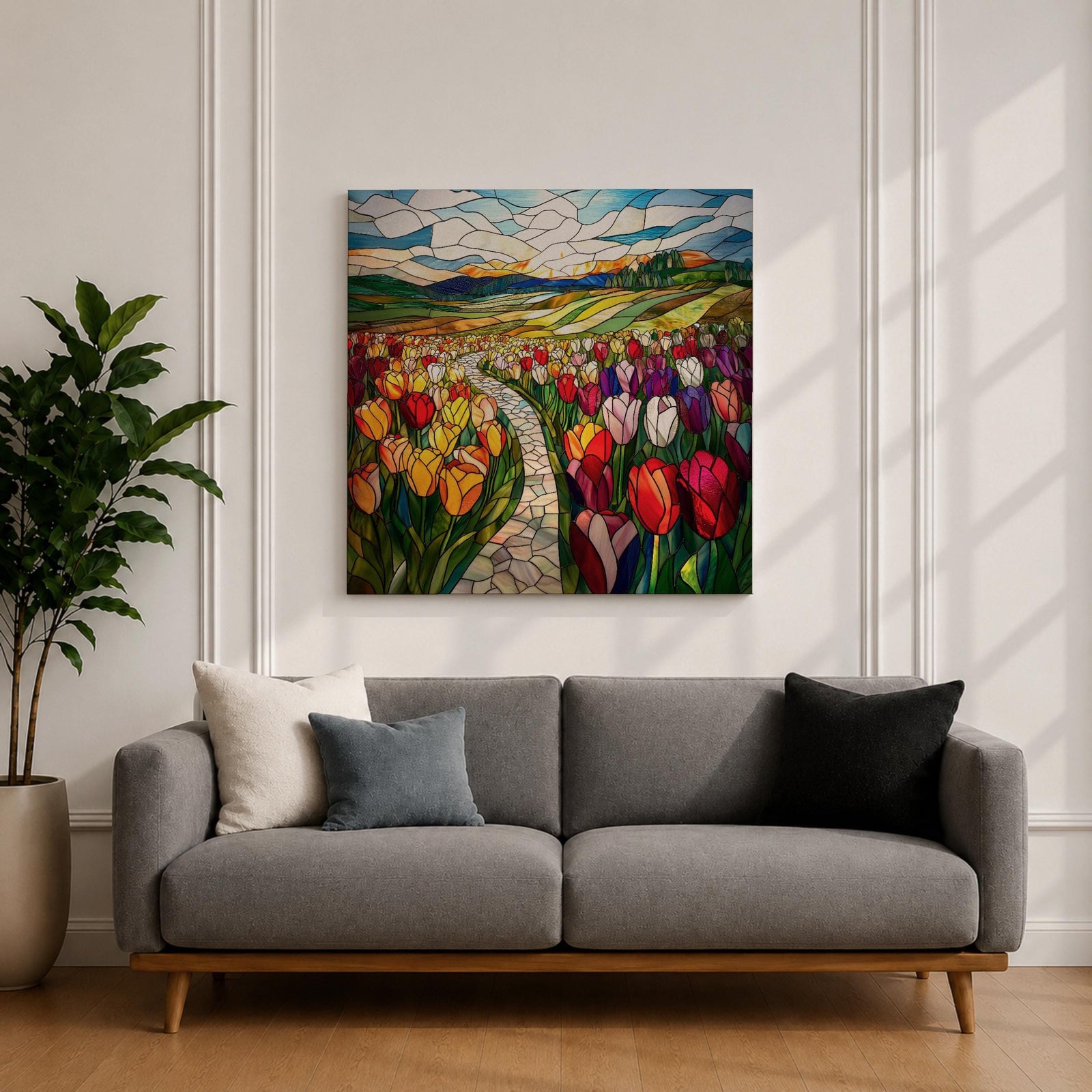 Tulip Field Wall Art Flower Garden Framed Canvas Stained Glass Landscape Botanical Home Decor