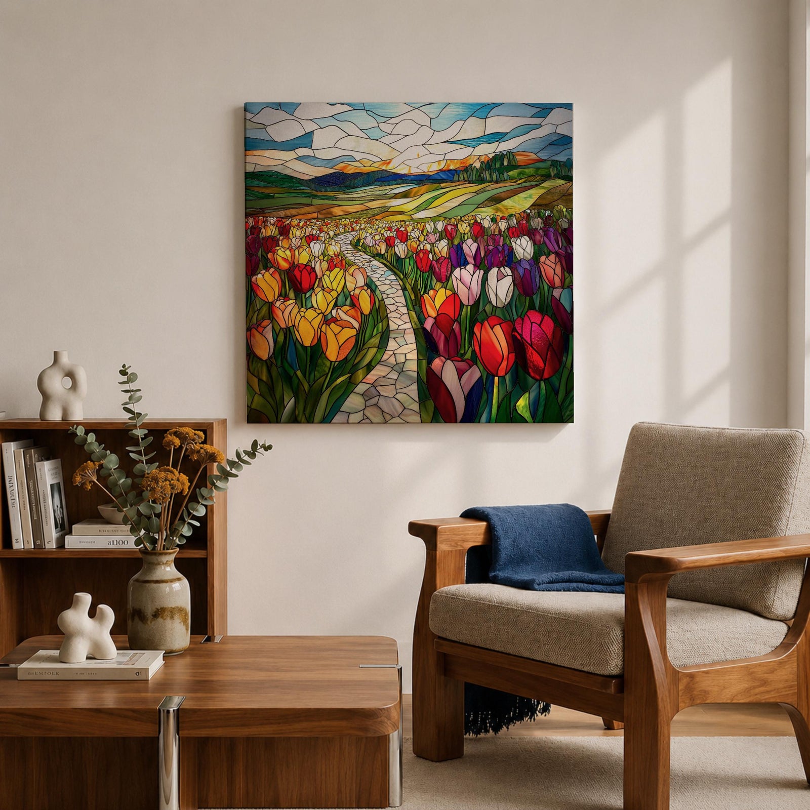 Tulip Field Wall Art Flower Garden Framed Canvas Stained Glass Landscape Botanical Home Decor