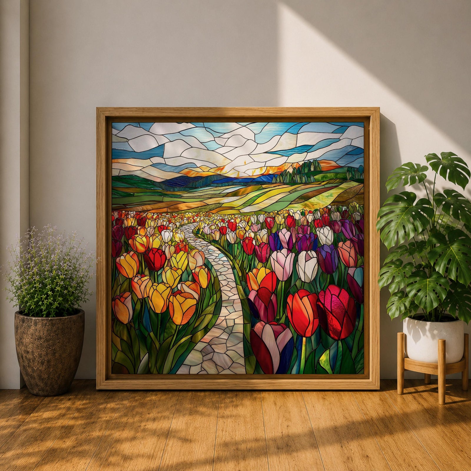 Tulip Field Wall Art Flower Garden Framed Canvas Stained Glass Landscape Botanical Home Decor