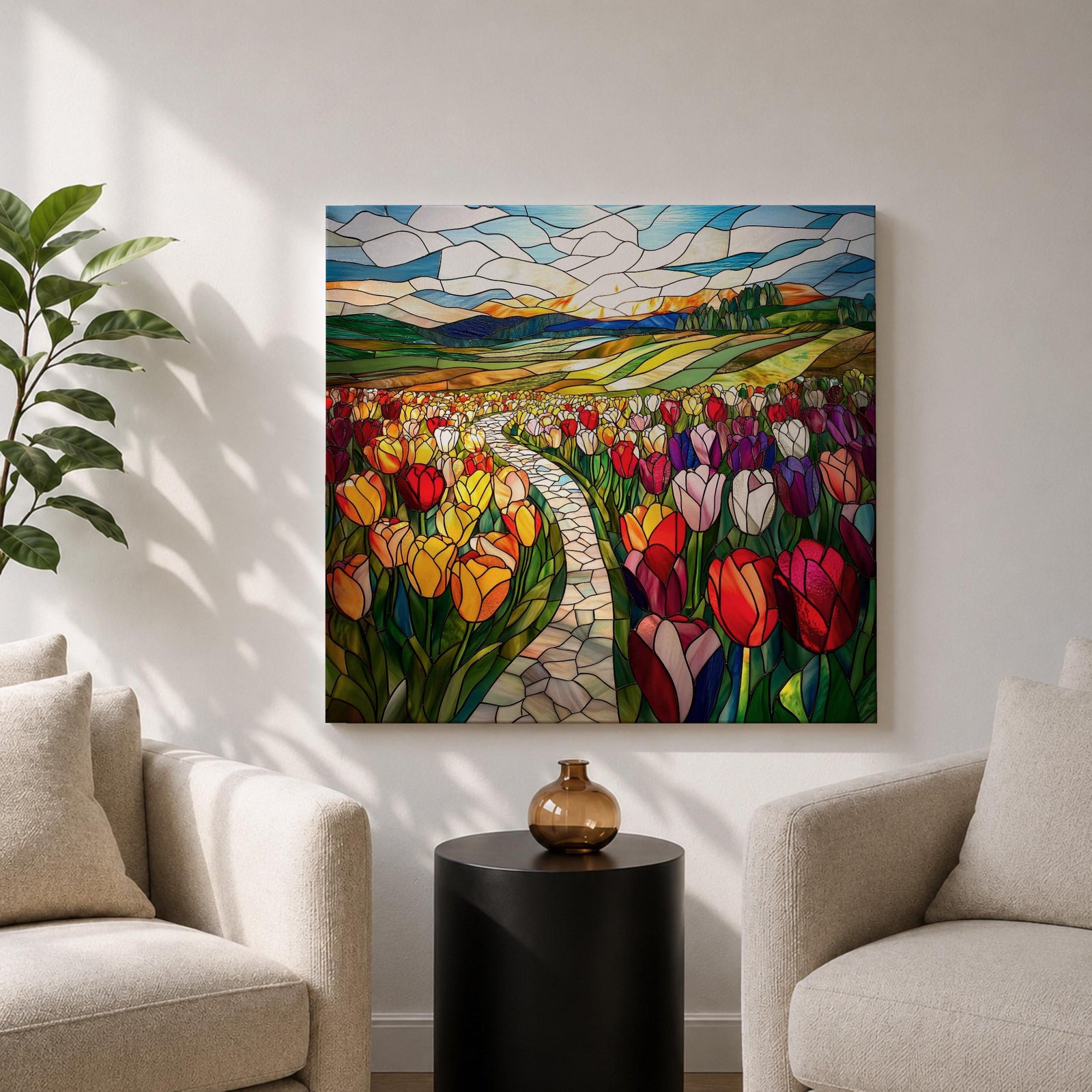 Tulip Field Wall Art Flower Garden Framed Canvas Stained Glass Landscape Botanical Home Decor