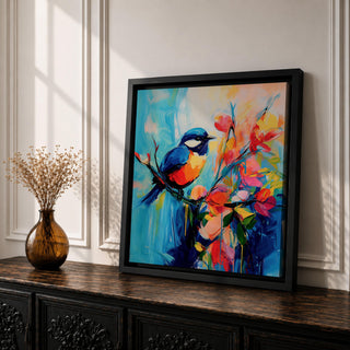 Songbird Wall Art Blue Tit Framed Canvas Floral Abstract Botanical Modern Home Decor