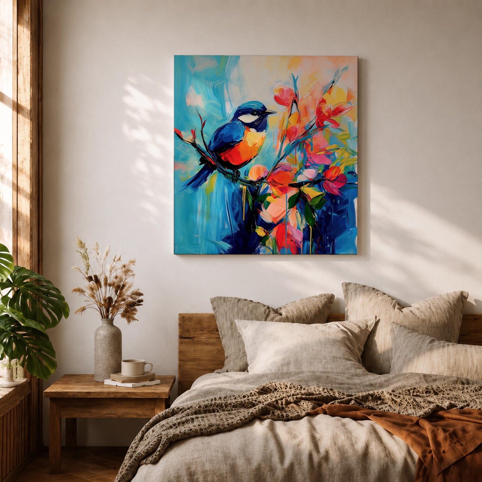 Songbird Wall Art Blue Tit Framed Canvas Floral Abstract Botanical Modern Home Decor