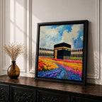 Kaaba Wall Art Masjid al Haram Framed Canvas Mecca Floral Impasto Islamic Home Decor