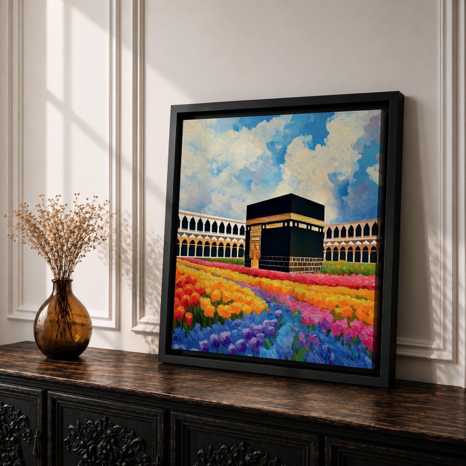Kaaba Wall Art Masjid al Haram Framed Canvas Mecca Floral Impasto Islamic Home Decor