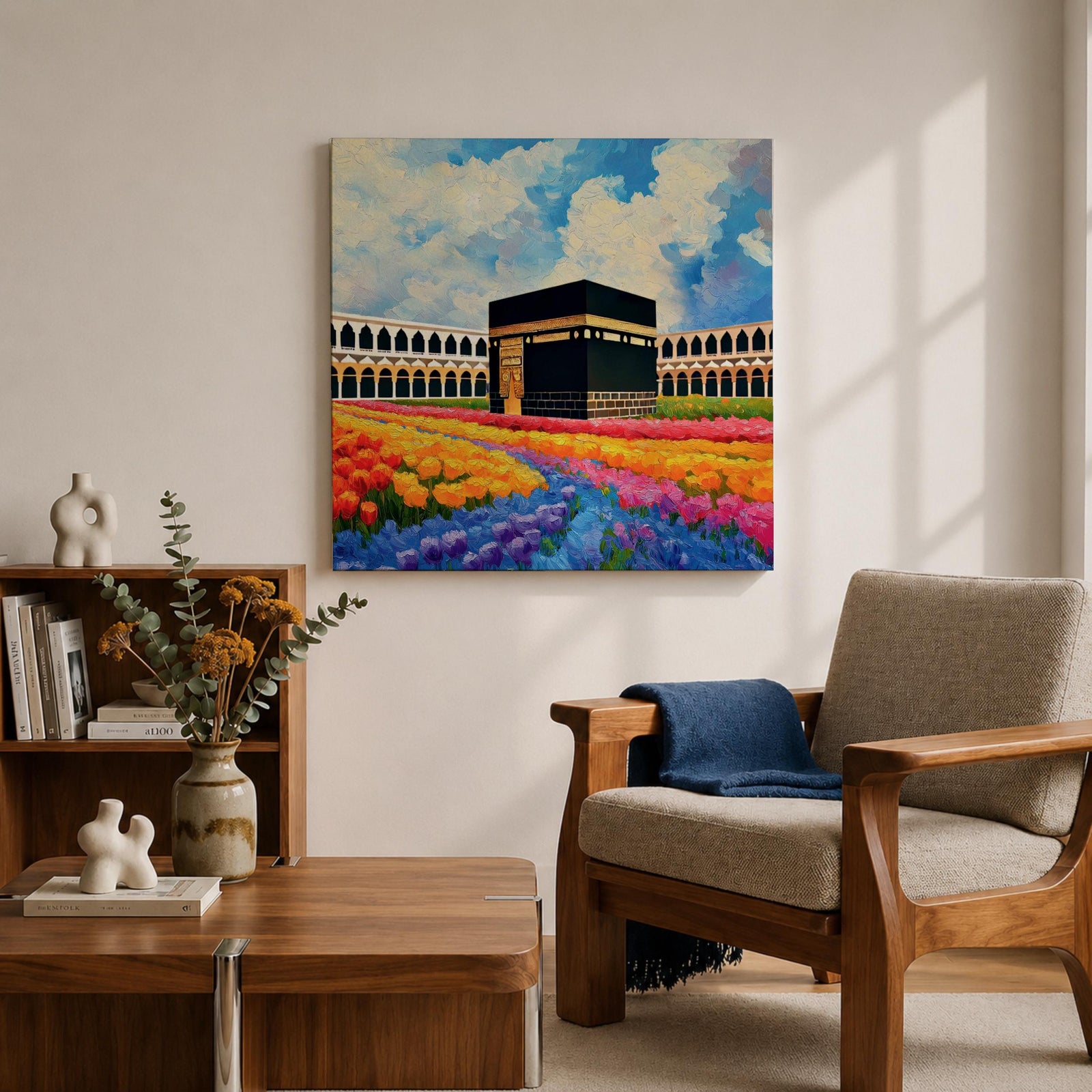 Kaaba Wall Art Masjid al Haram Framed Canvas Mecca Floral Impasto Islamic Home Decor