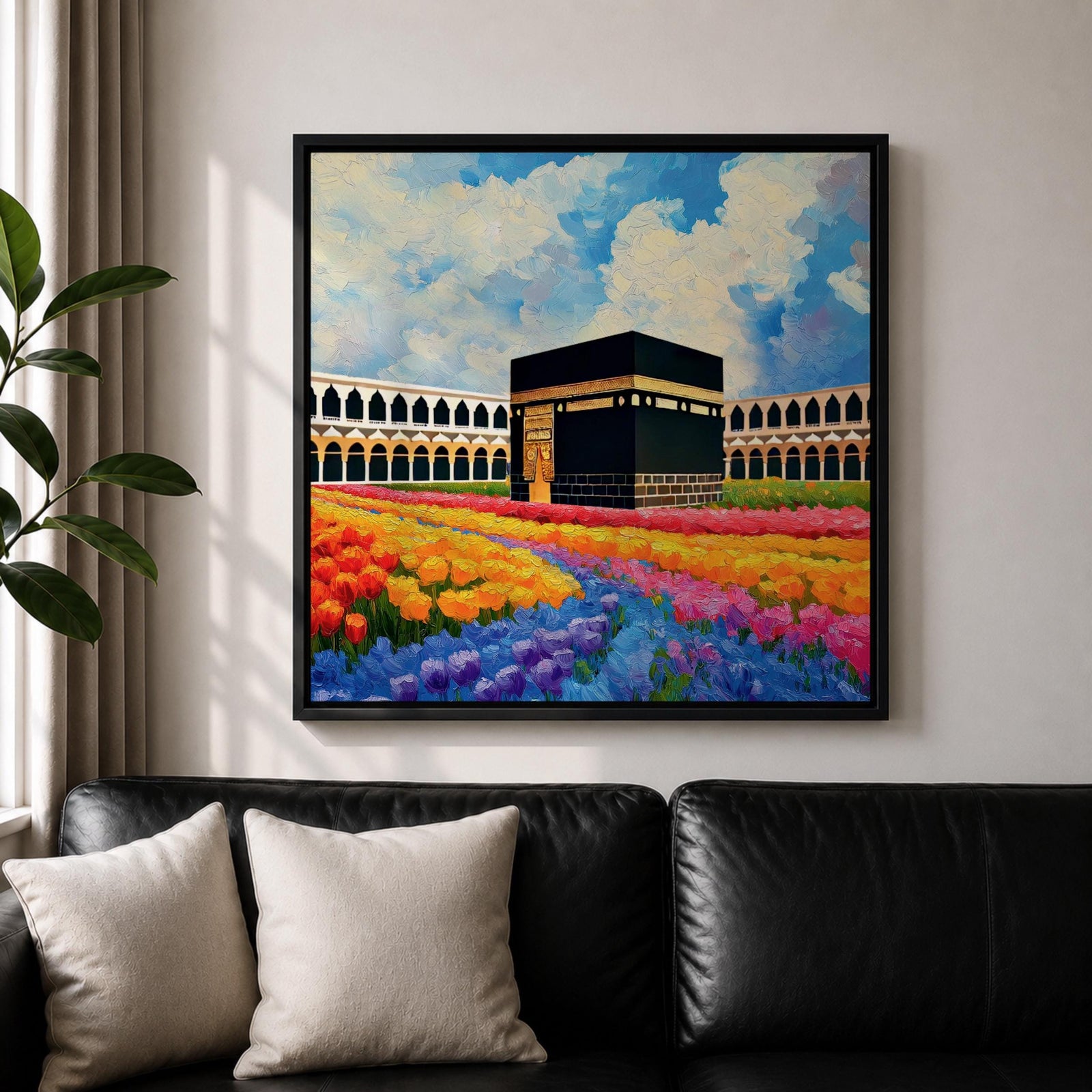 Kaaba Wall Art Masjid al Haram Framed Canvas Mecca Floral Impasto Islamic Home Decor