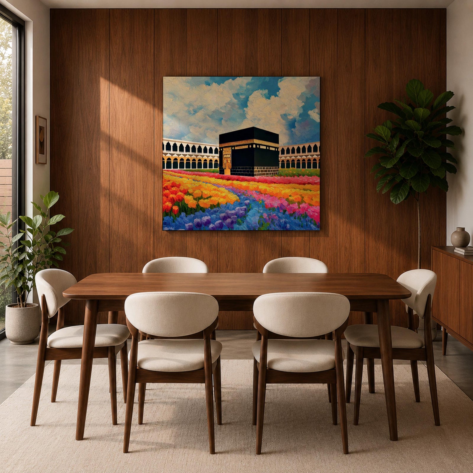 Kaaba Wall Art Masjid al Haram Framed Canvas Mecca Floral Impasto Islamic Home Decor