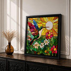 Hummingbird Wall Art Garden Bird Framed Canvas Stained Glass Botanical Floral Nature Home Decor