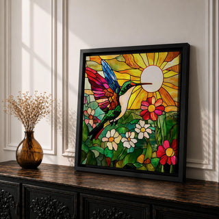 Hummingbird Wall Art Garden Bird Framed Canvas Stained Glass Botanical Floral Nature Home Decor