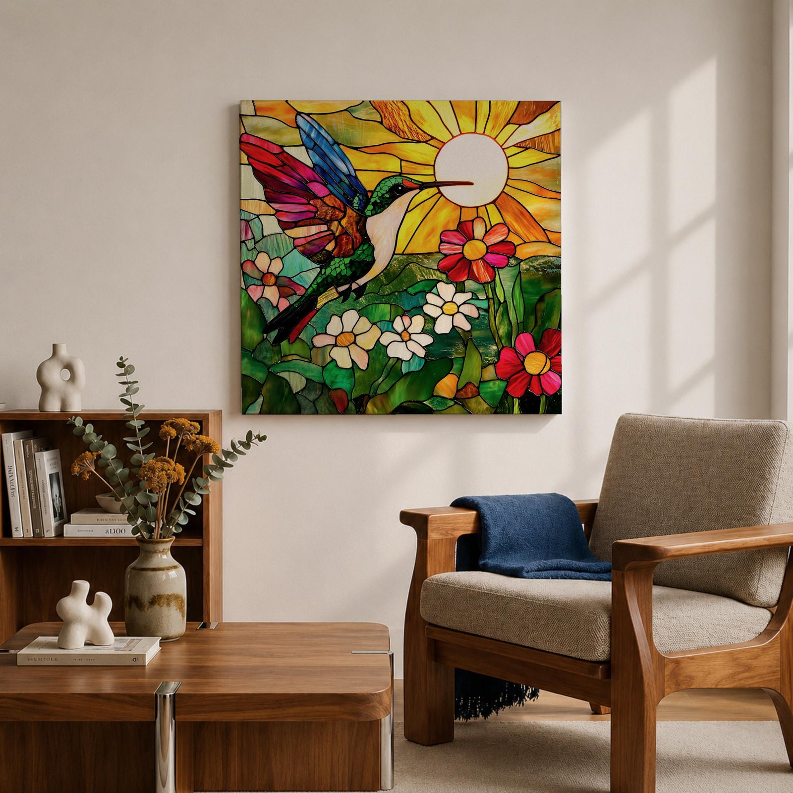 Hummingbird Wall Art Garden Bird Framed Canvas Stained Glass Botanical Floral Nature Home Decor