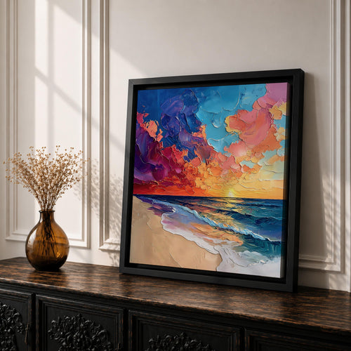 Beach Sunset Wall Art Coastal Seascape Framed Canvas Ocean Impasto Landscape Living Room Decor