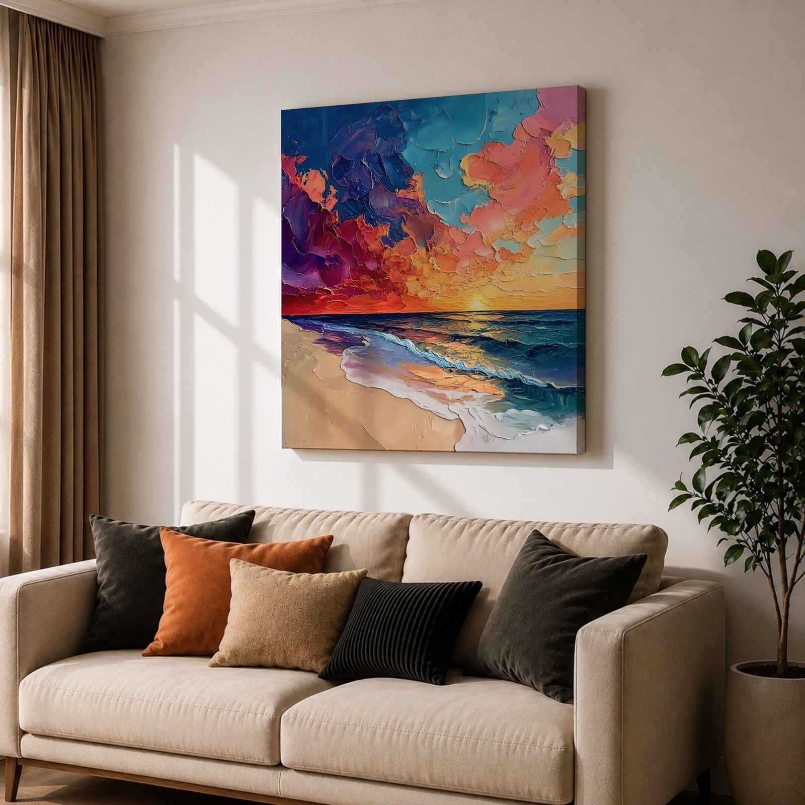 Beach Sunset Wall Art Coastal Seascape Framed Canvas Ocean Impasto Landscape Living Room Decor