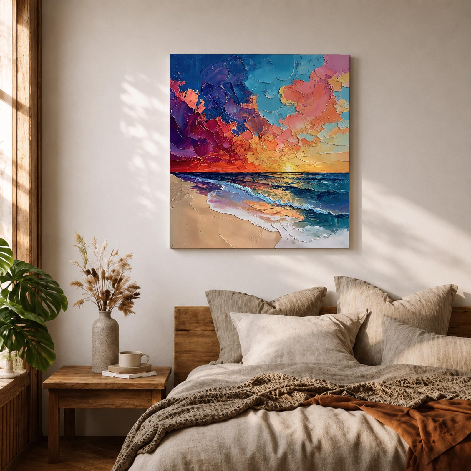 Beach Sunset Wall Art Coastal Seascape Framed Canvas Ocean Impasto Landscape Living Room Decor