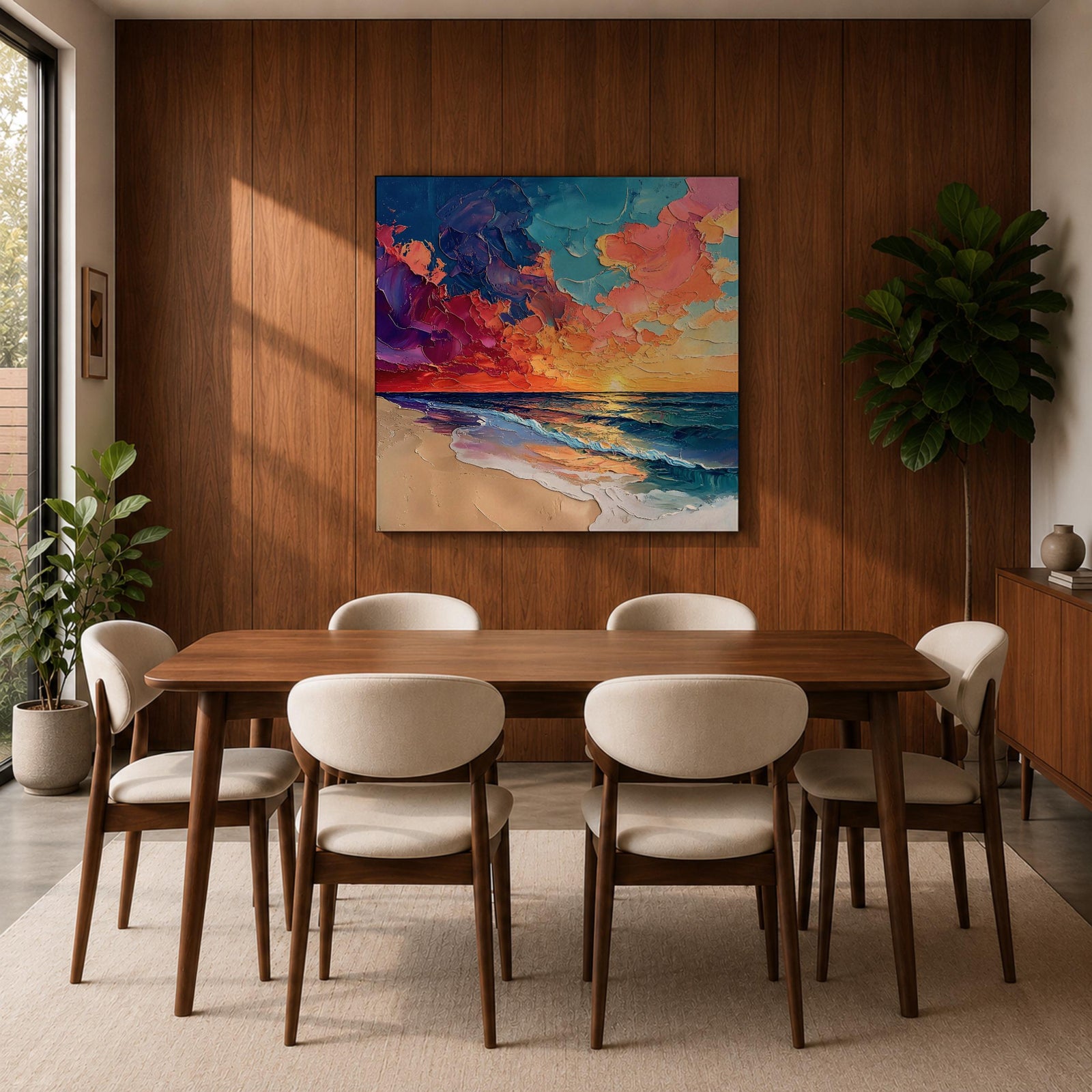 Beach Sunset Wall Art Coastal Seascape Framed Canvas Ocean Impasto Landscape Living Room Decor