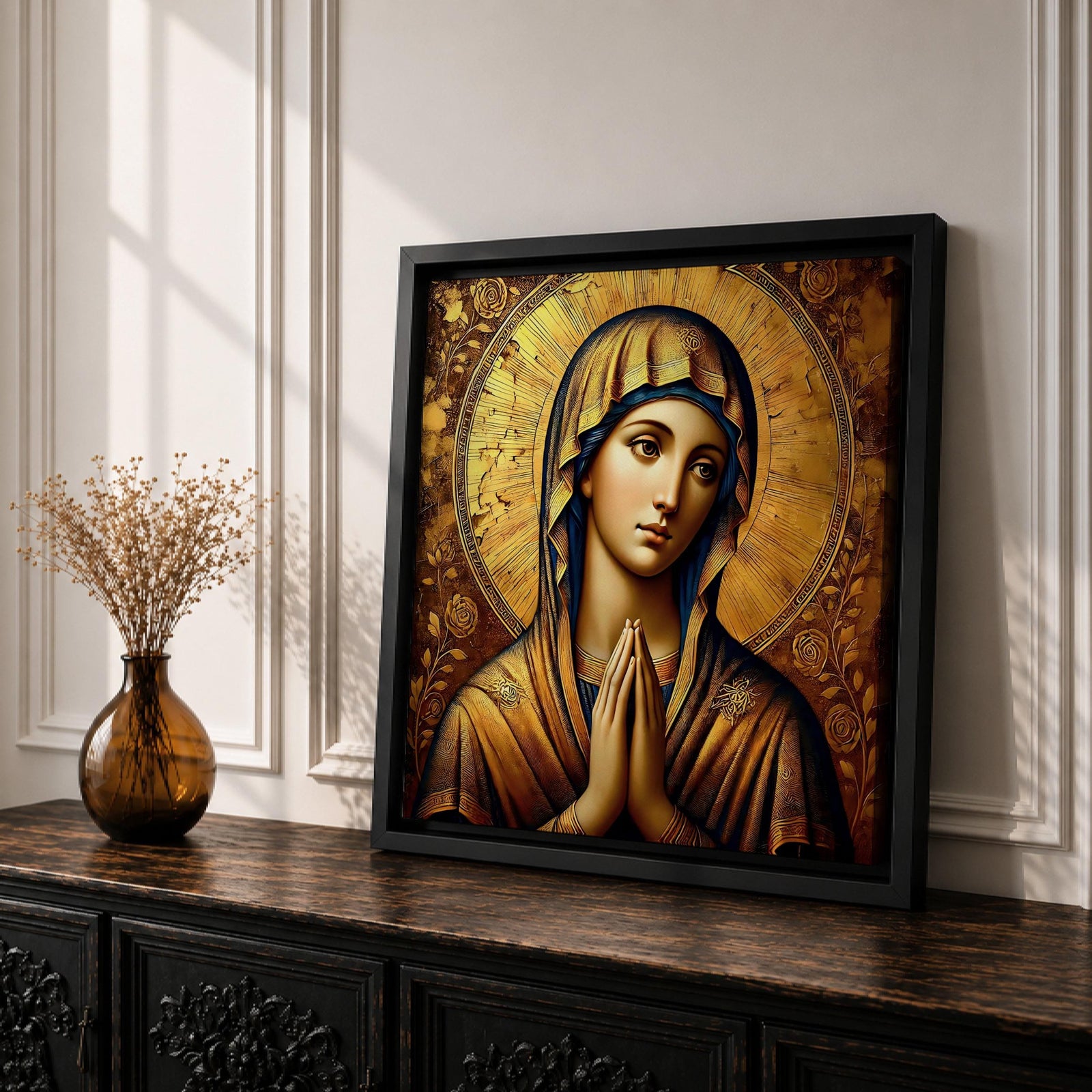 Virgin Mary Wall Art Theotokos Framed Canvas Antique Byzantine Catholic Rustic Home Decor