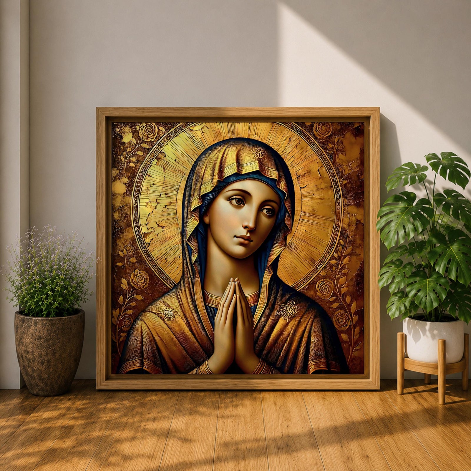 Virgin Mary Wall Art Theotokos Framed Canvas Antique Byzantine Catholic Rustic Home Decor
