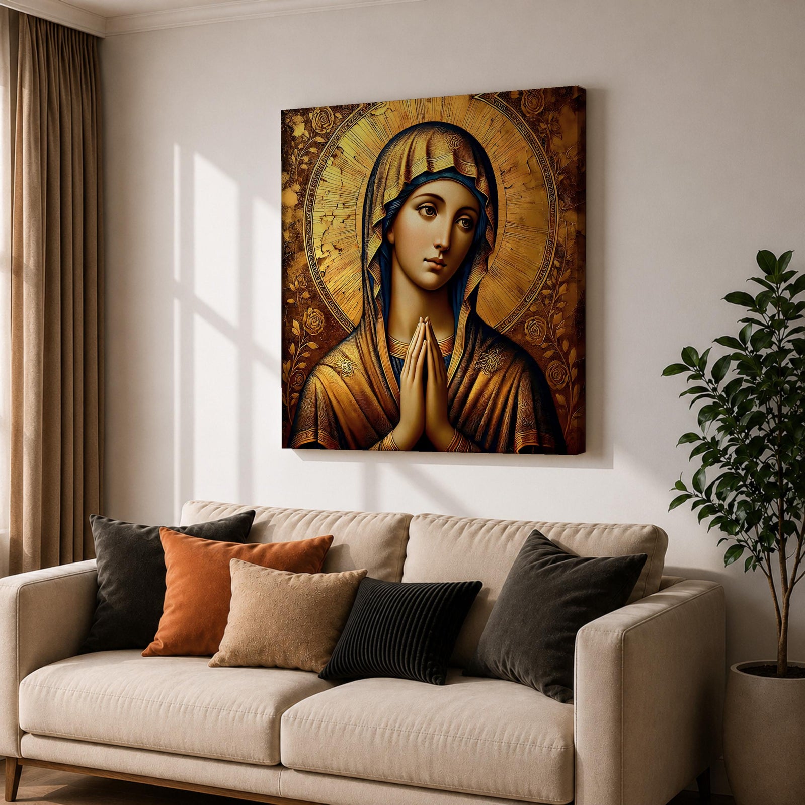 Virgin Mary Wall Art Theotokos Framed Canvas Antique Byzantine Catholic Rustic Home Decor
