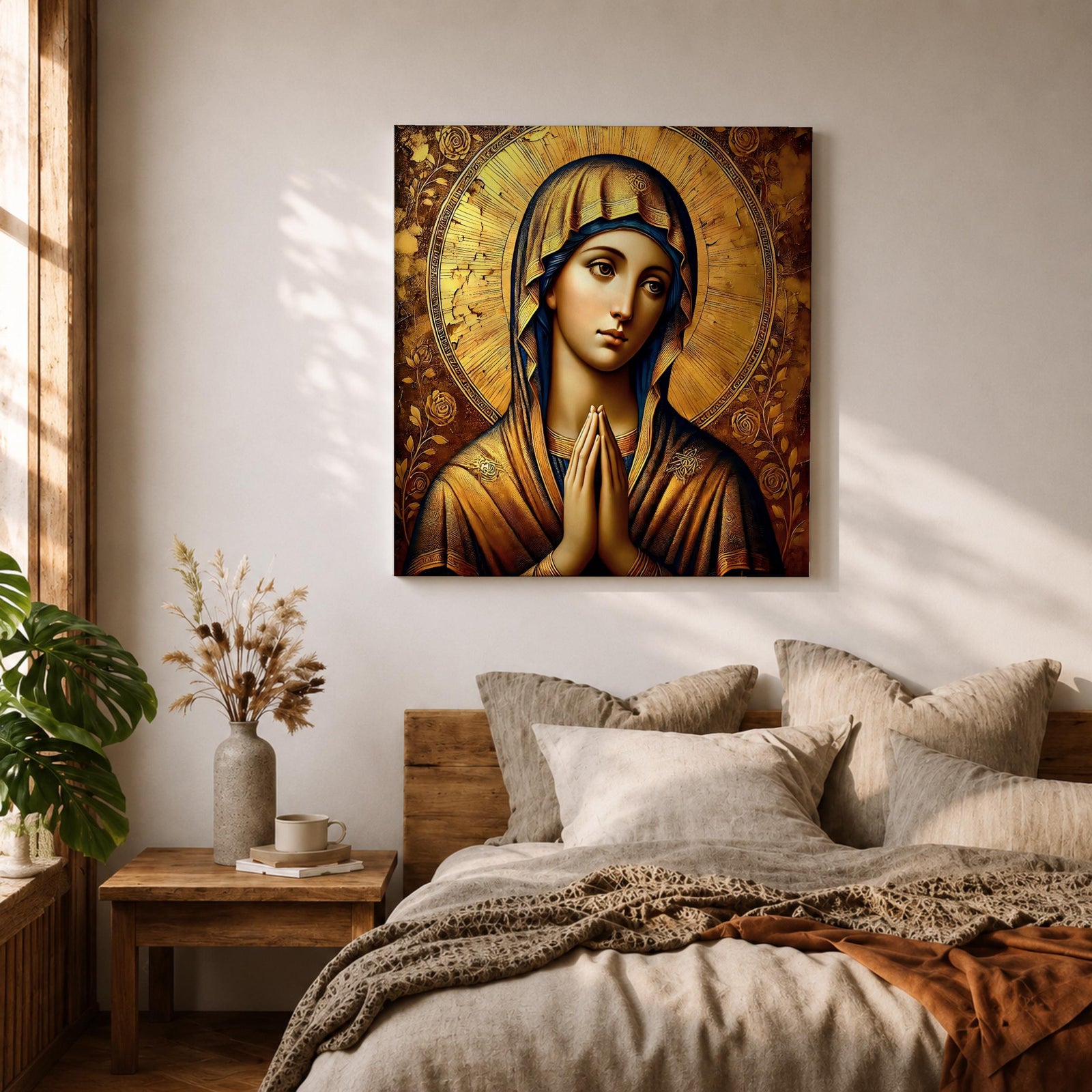 Virgin Mary Wall Art Theotokos Framed Canvas Antique Byzantine Catholic Rustic Home Decor