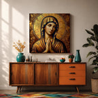 Virgin Mary Wall Art Theotokos Framed Canvas Antique Byzantine Catholic Rustic Home Decor